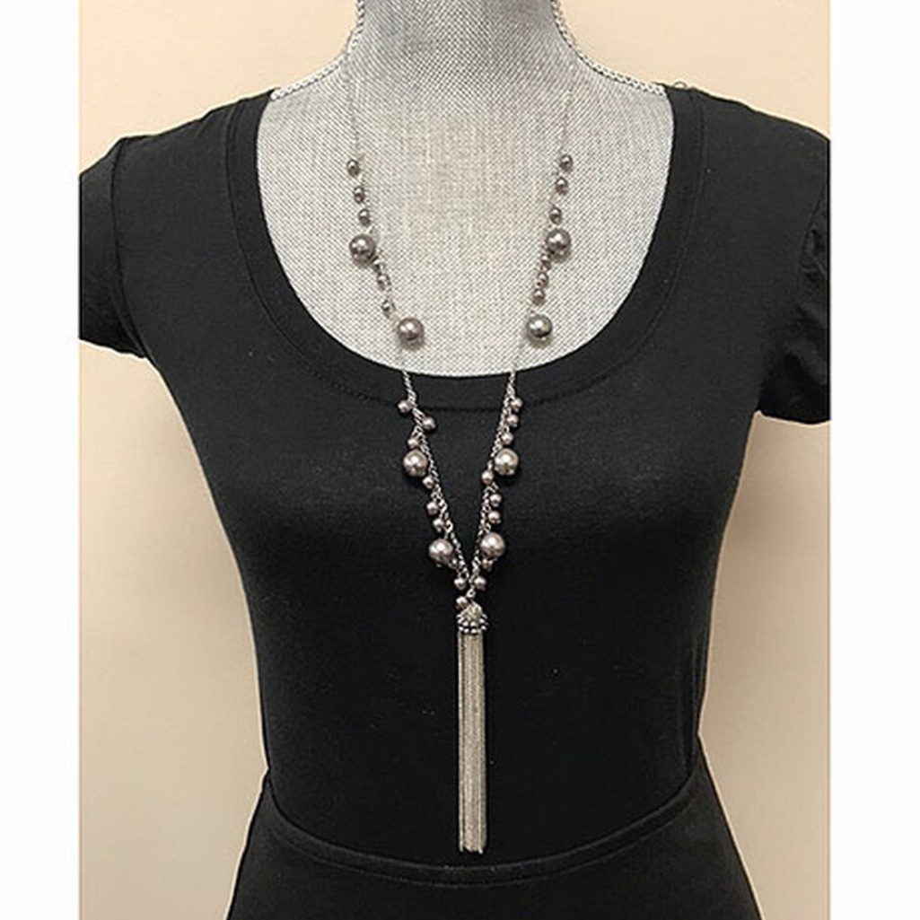 Long Gray Metallic Beads With Silver Chain Tassel Necklace-Nwt 24$